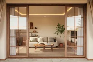 Un salon moderne et épuré, visible à travers de grandes portes vitrées en bois, avec un canapé crème, une table basse en bois et une