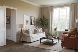 Un salon élégant et lumineux avec un canapé blanc, des fauteuils marron, une table basse moderne et de grandes fenêtres encadrées de rideaux