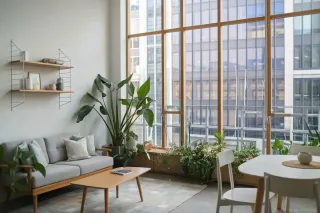 Un salon lumineux avec une grande fenêtre, des plantes vertes, un canapé gris et un mobilier moderne en bois clair.