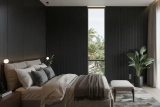 Une chambre moderne et élégante avec des murs sombres, un lit confortable et une grande fenêtre laissant entrer la lumière naturelle.