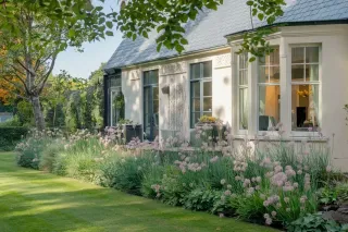 Façade d'une maison traditionnelle entourée d'un jardin verdoyant et fleuri, baignée de lumière naturelle.