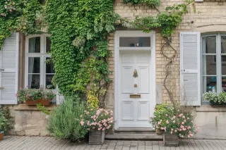 Façade charmante d'une maison en pierre avec une porte blanche entourée de vignes grimpantes et de fleurs colorées.