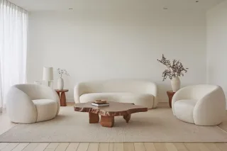 Un salon moderne et minimaliste avec un mobilier blanc incurvé et une table en bois naturel sur un tapis clair.