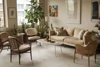 Un salon moderne et lumineux avec un canapé beige, des fauteuils élégants, des plantes vertes et des œuvres d'art sur les murs.