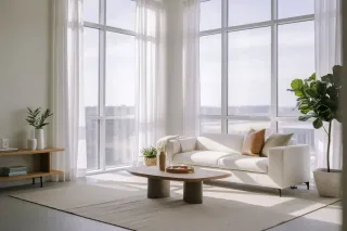 Un salon lumineux et moderne avec un canapé blanc, une table basse en bois, et de grandes fenêtres laissant entrer la lumière naturelle.