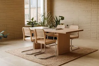 Salle à manger moderne avec des chaises en bois et métal autour d'une table en bois, sur un tapis tissé, entourée de plantes vert