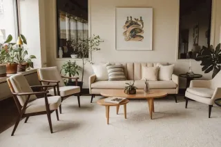 Un salon lumineux et moderne avec un canapé beige, des fauteuils en bois, des tables basses en bois clair, des plantes vertes et une