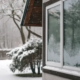 Fenêtre givrée avec vue sur un jardin enneigé et des arbres sous la neige.