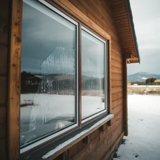 Une fenêtre moderne sur une cabane en bois reflète un paysage hivernal enneigé avec des montagnes au loin.