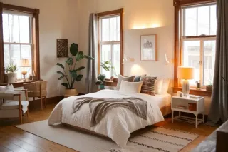 Chambre lumineuse et épurée avec lit douillet, plantes vertes et décoration en bois naturel.