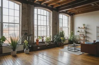 Un loft lumineux aux grandes fenêtres et au parquet en bois, décoré avec des plantes d'intérieur et un mobilier moderne.