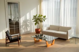 Un salon lumineux et minimaliste avec un canapé blanc, une table basse en verre, un fauteuil en bois foncé et une plante en pot, ba