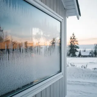 Vue hivernale d'une fenêtre givrée reflétant un paysage enneigé au coucher de soleil.