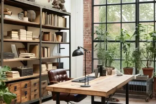 Un bureau moderne et lumineux avec une table en bois, une étagère remplie de livres et des plantes près d'une grande fenêtre.