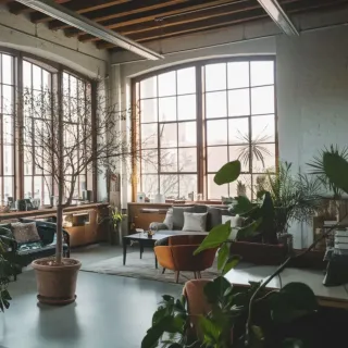 Un lumineux salon industriel avec de grandes fenêtres, des meubles modernes et des plantes vertes.