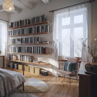 Une chambre lumineuse et élégante avec une grande bibliothèque murale, un parquet en bois et des touches décoratives minimalistes.