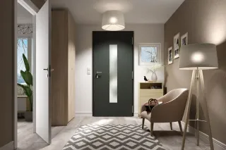 Entrée moderne et lumineuse avec porte noire, fauteuil beige, et décoration sobre.