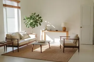 Un salon minimaliste et lumineux avec des meubles en bois, un tapis en jute et une grande plante verte, baigné de lumière naturelle.