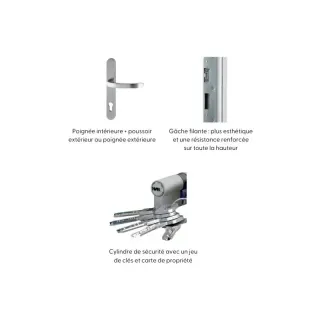 Image illustrant des composants de sécurité pour portes comprenant une poignée, une gâche filante renforcée et un cylindre de sécurité avec clés.