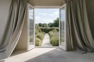 Vue d'une porte-fenêtre ouverte donnant sur un chemin en pierre entouré de verdure, baigné de lumière naturelle.