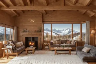 Un chalet en bois chaleureux avec une vue imprenable sur les montagnes enneigées à travers de grandes baies vitrées.