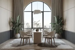 Salle à manger moderne et élégante avec une grande fenêtre cintrée offrant une vue sur la ville, entourée de plantes vertes et décorée