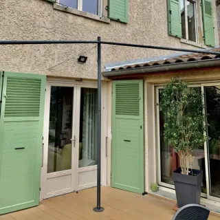 Façade de maison avec volets verts et terrasse en bois, ornée d'une grande plante en pot.