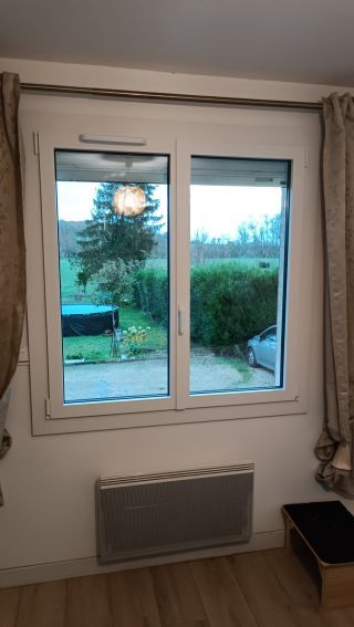 Fenêtre en PVC blanc avec vue sur un jardin verdoyant, un arbre et une piscine extérieure couverte.