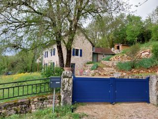 Charmante maison en pierre avec volets bleus, entourée de verdure et de fleurs sauvages, agrémentée d'une cour et d