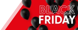 Image promotionnelle dynamique pour le Black Friday avec des ballons noirs sur fond rouge.