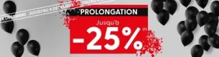 Bannière promotionnelle annonçant une prolongation de remise jusqu'à 25% avec des ballons noirs en arrière-plan.