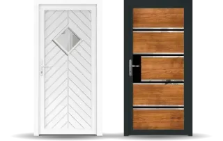 Deux portes modernes et élégantes sont présentées, l'une blanche avec un motif en chevrons et une petite fenêtre en losange, l'autre