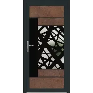 Porte moderne avec motif géométrique en verre, encadrée de noir et de panneaux en bois.