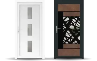 L'image présente deux portes modernes, l'une blanche avec trois inserts en verre rectangulaires et l'autre noire avec un motif abstrait et des