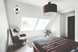 Une chambre lumineuse avec un fauteuil gris, un lit avec des draps rayés, de grandes fenêtres de toit et une plante verte dans un coin