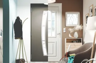 L'image montre un intérieur moderne divisé en deux styles contrastés, avec une porte centrale séparant un espace minimaliste et lumineux d'un espace plus