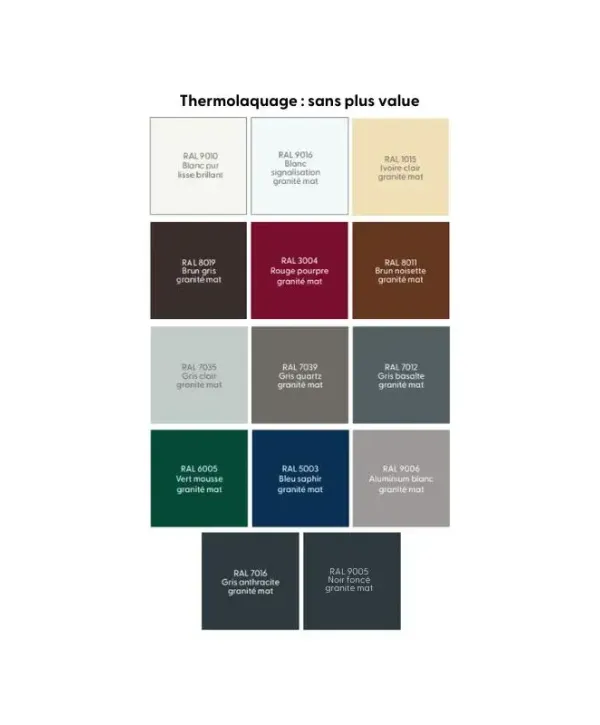 Palette de couleurs pour thermolaquage avec différentes teintes de RAL granulées et mates.