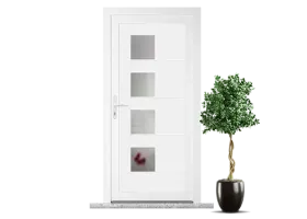 Porte d'entrée moderne blanche avec cinq fenêtres rectangulaires et une plante verte en pot à proximité.