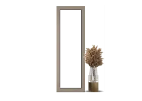 Un miroir rectangulaire moderne avec un cadre beige, accompagné d'un vase de pampas séché dans un coin.