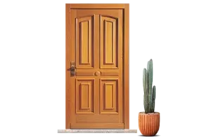 Une porte en bois sculpté avec une jardinière en terre cuite contenant un cactus vert sur le côté droit.