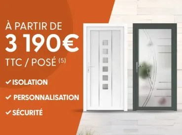 Image promotionnelle montrant deux portes d'entrée modernes, avec un prix à partir de 3 190 € TTC installé, et mettant en avant les