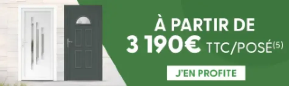 Deux portes modernes, une blanche et une verte, sont présentées avec un message promotionnel indiquant un prix à partir de 3 190€