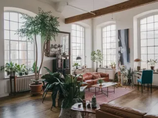 Un salon lumineux et spacieux avec un mobilier moderne, des plantes vertes et de grandes fenêtres.