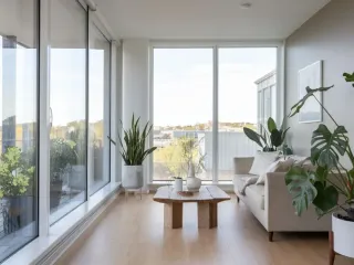 Un salon lumineux au design minimaliste avec de grandes baies vitrées, des plantes vertes et un mobilier épuré.