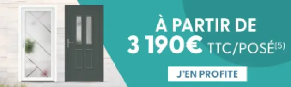 Promotion de portes d'entrée avec un prix de départ à 3 190€ TTC, incluant la pose, et un bouton incitant à profiter