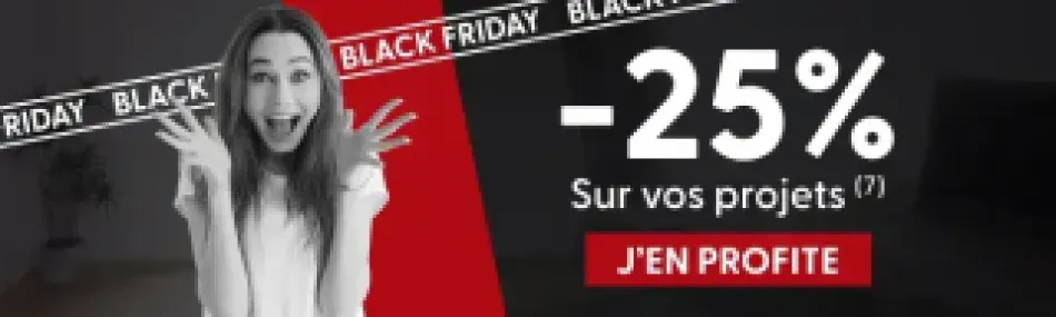 Bannière promotionnelle Black Friday avec une femme enthousiaste et une offre de -25% sur vos projets.