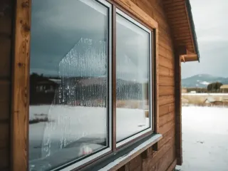 Une fenêtre moderne sur une cabane en bois reflète un paysage hivernal enneigé avec des montagnes au loin.