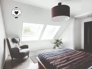 Une chambre lumineuse avec un fauteuil gris, un lit avec des draps rayés, de grandes fenêtres de toit et une plante verte dans un coin