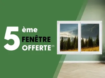 Promotion illustrant une fenêtre avec vue sur une forêt brumeuse, accompagnée du texte '5ème fenêtre offerte' sur fond vert.