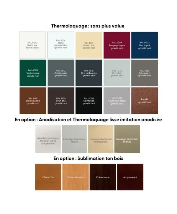 Palette de couleurs pour thermolaquage et anodisation, incluant des options granite, bois et effets anodisés.